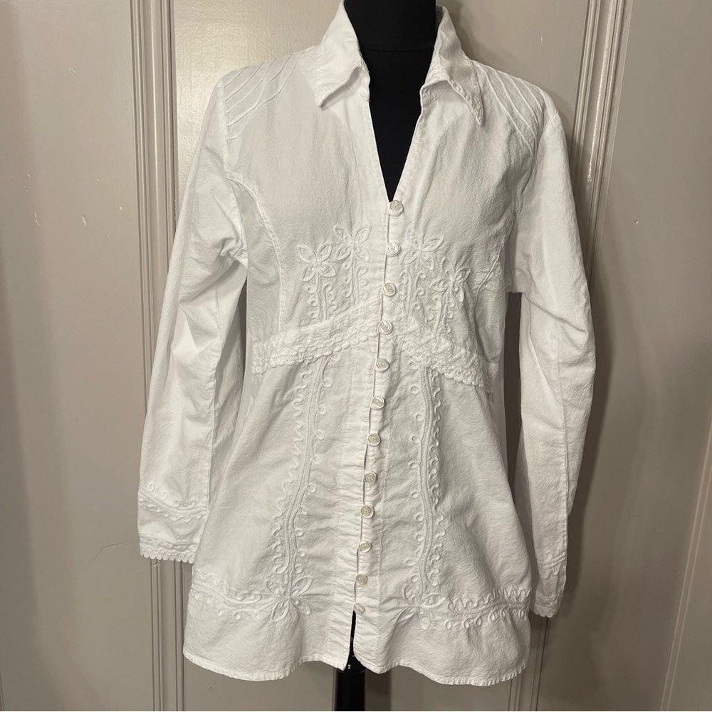 CAAMANO WHITE SCROLLWORK TUNIC PERUVIAN 100% Cotton Soutache Size Large